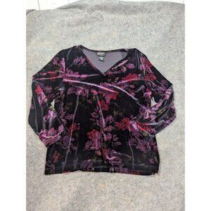 Avenue Stretch Purple Floral Velvet V Neck Long Sleeve Shirt Size 18/20